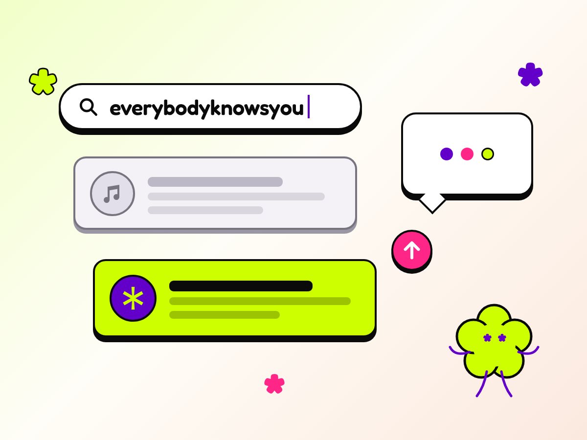 Ilustración de un buscador con everybodyknowsyou escrito, donde un resultado de música y el de EKY compiten por el primer lugar
