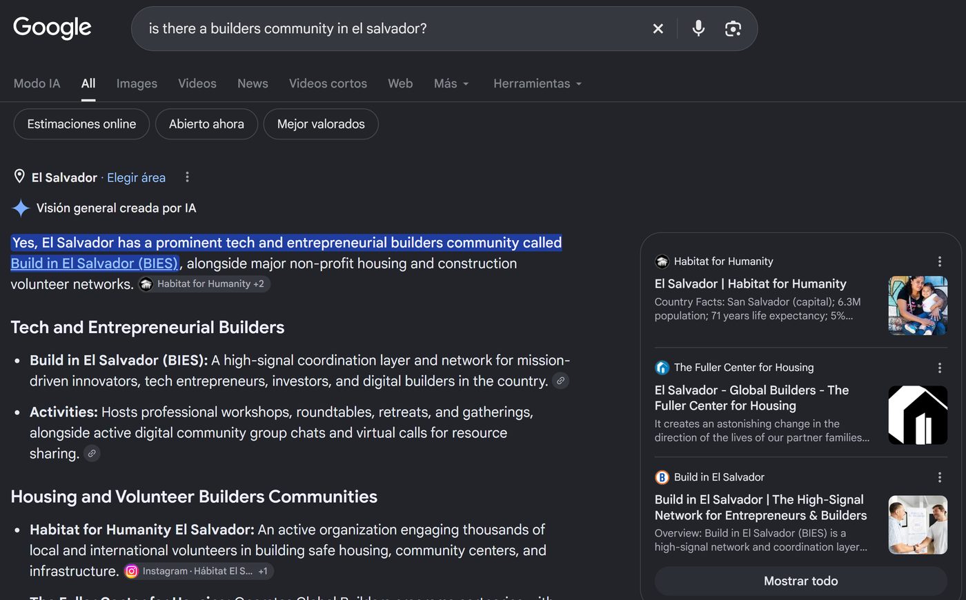 Google search for 'is there a builders community in el salvador?' with the AI answer pointing to Build in El Salvador