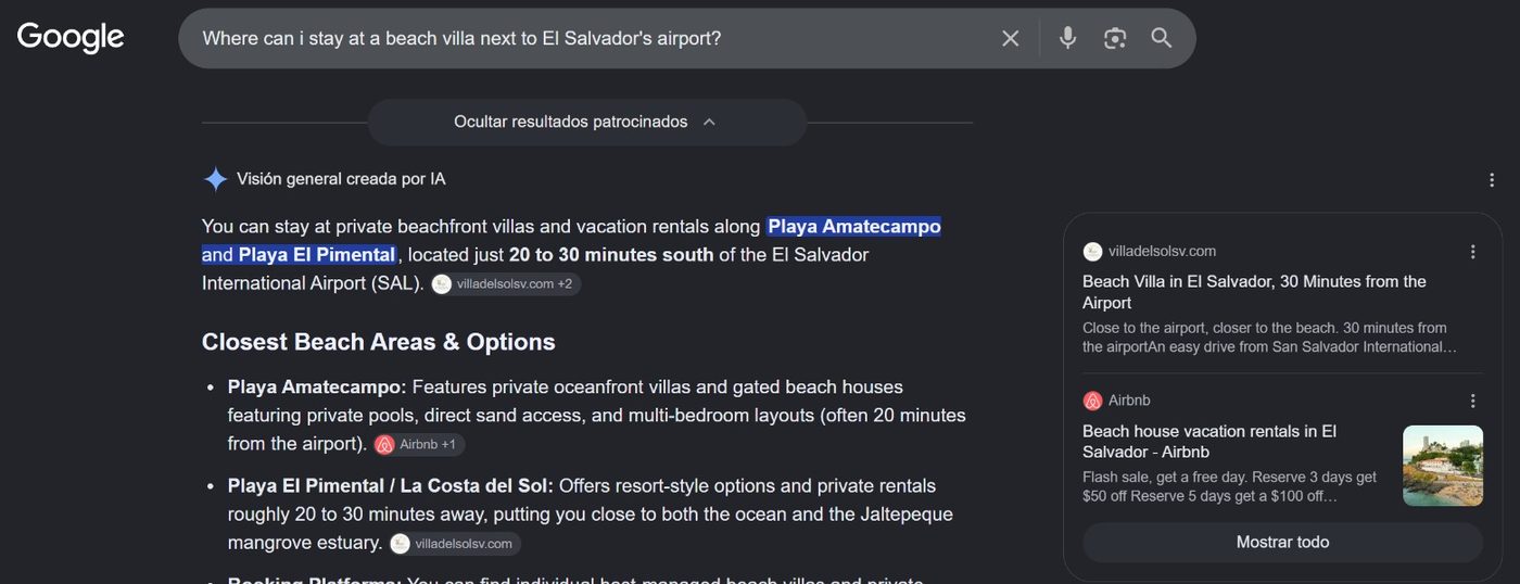 Google search for 'Where can i stay at a beach villa next to El Salvador's airport?' with the AI answer pointing to Villa del Sol Garden